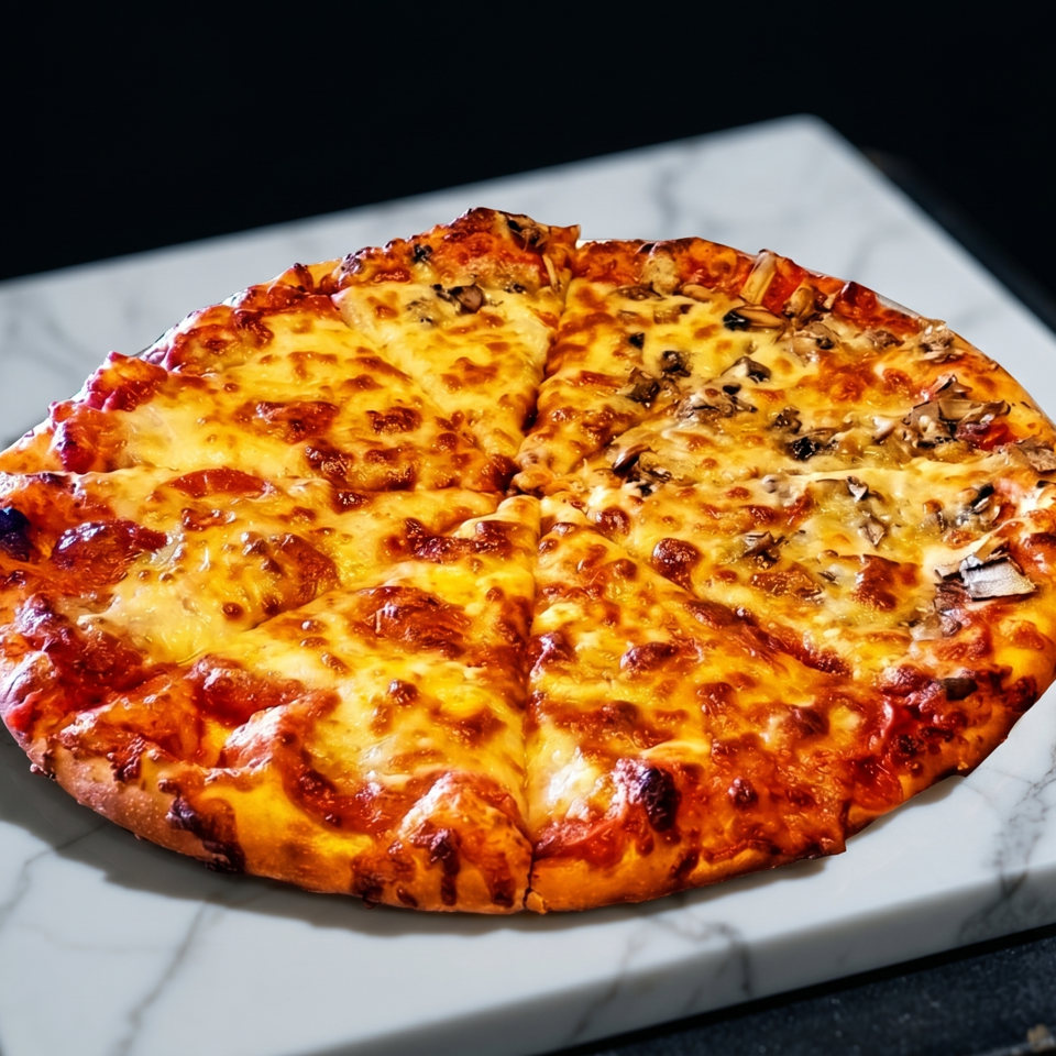 A whole cheese and mushroom pizza, sliced into eight pieces, on a white marble board.