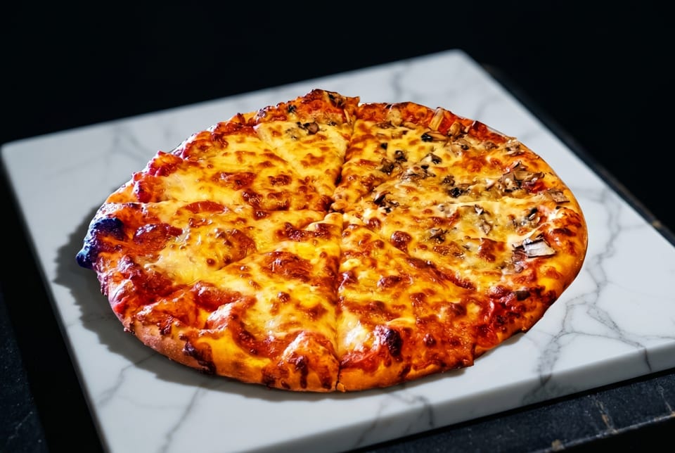 A whole cheese and mushroom pizza, sliced into eight pieces, on a white marble board.
