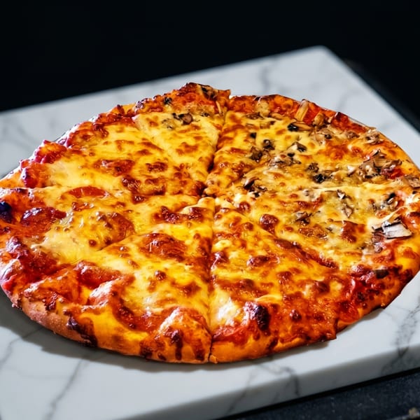 A whole, sliced pizza with melted cheese and mushrooms on a white marble board.