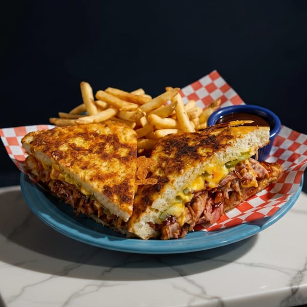 A grilled cheese sandwich with pulled pork and pickles, served with fries and BBQ sauce.