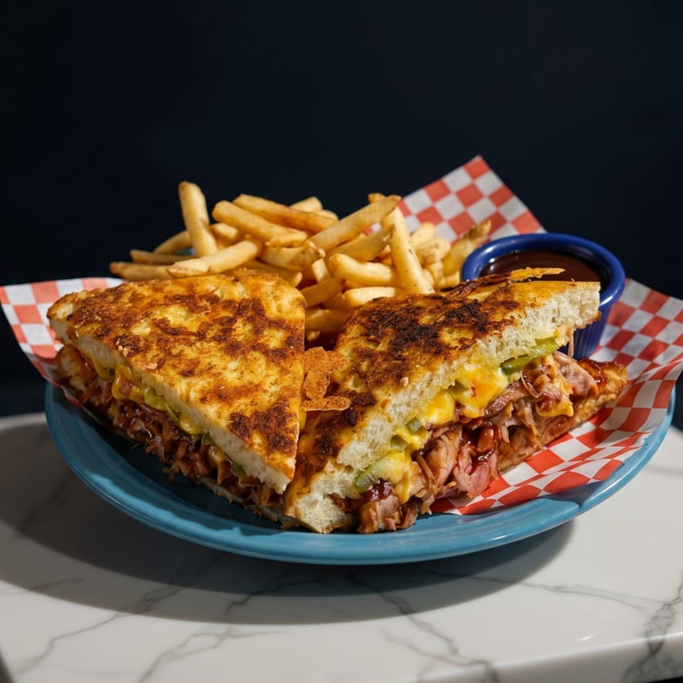 A grilled cheese sandwich with pulled pork and pickles, served with fries and BBQ sauce.