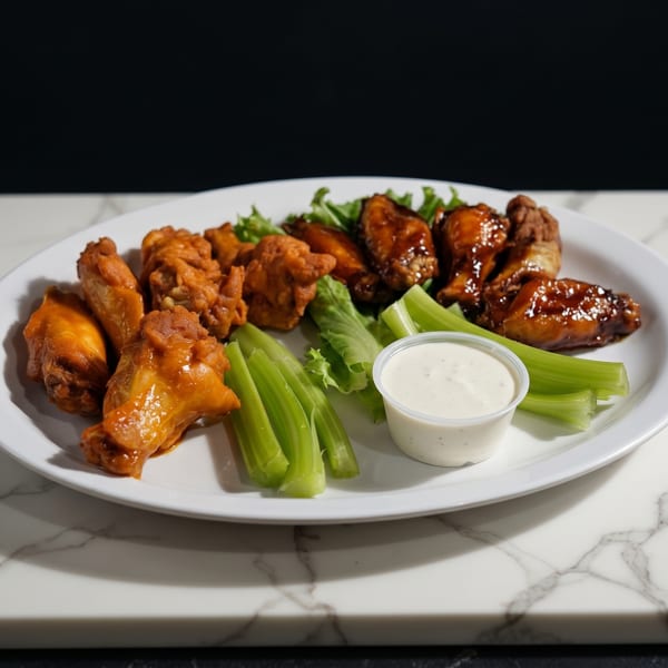 A white plate holds two kinds of chicken wings, celery sticks, and a cup of ranch dressing.