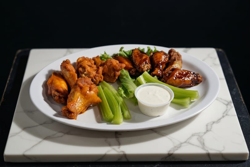 A white plate holds two kinds of chicken wings, celery sticks, and a cup of ranch dressing.