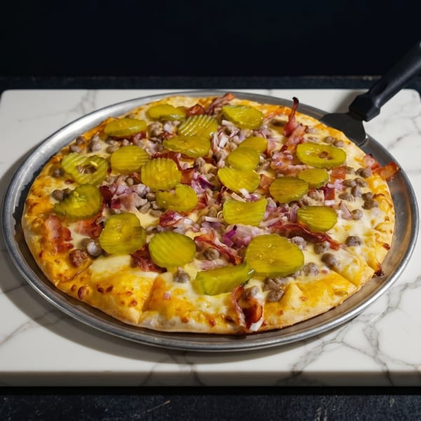 A whole pizza with pickles, ground meat, bacon, and red onions on a marble slab.