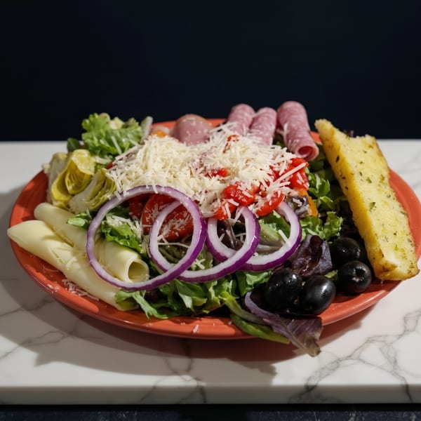 Antipasto salad with salami, cheese, olives, artichokes, and garlic bread on a red plate.