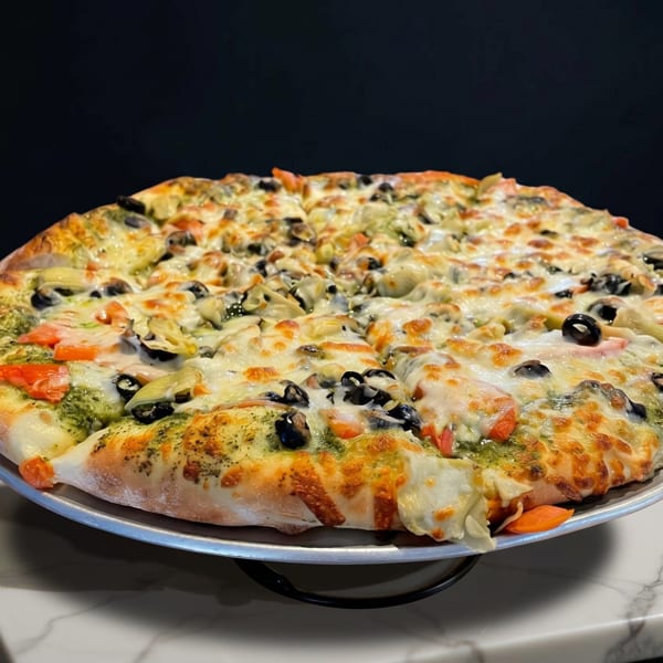 A whole pizza with pesto, cheese, tomatoes, olives, and artichoke hearts on a metal pan.