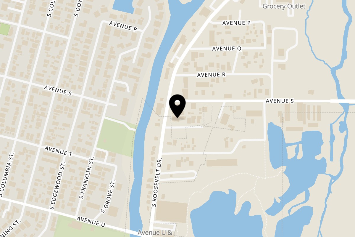 Map showing the location of Angelina's Pizzeria & Cafe on 1815 S Roosevelt Dr in Seaside
